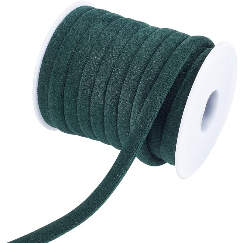 Velvet Ribbon Roll - プレッカー用スプール付きベルベットロープ,ラウンドコード,ダークグリーン,DIYクラフト,1ロール,10m, 8mm