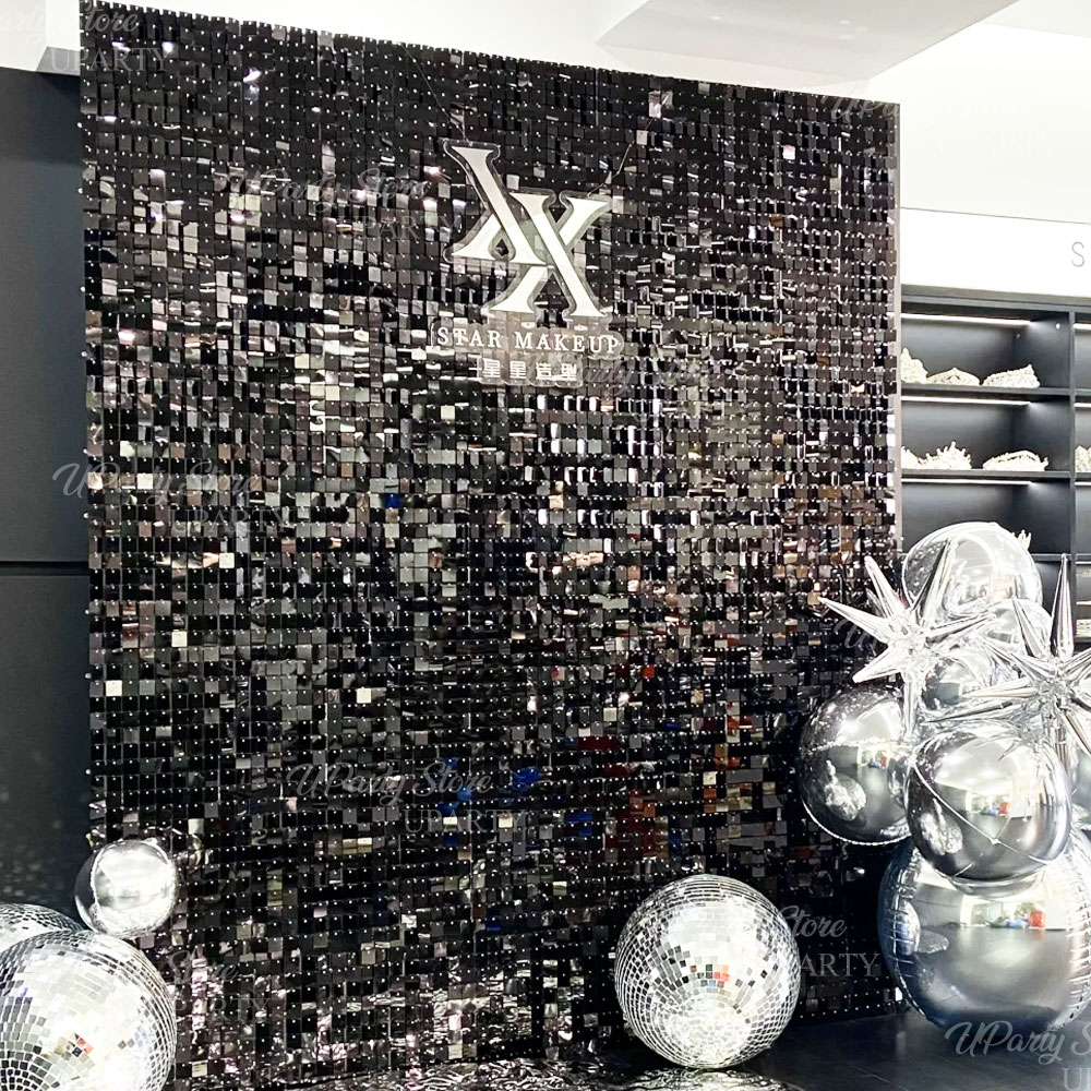 Sequin Fabric Panel - ブラックシマーウォールバックドロップ 12/16/24枚 グリッターシャイニーブラックシークインウォールパネル ディスコパーティー 誕生日 結婚式