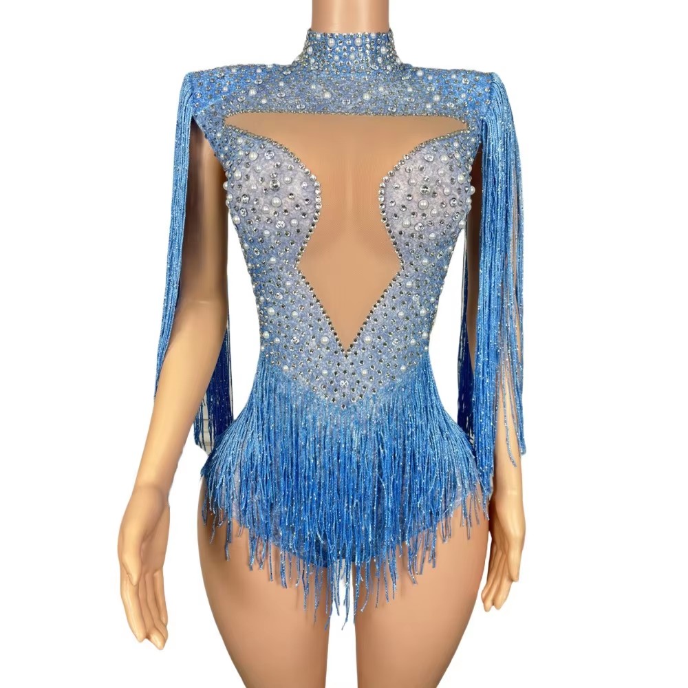 ブルーラインストーンタッセルボディスーツ セクシーメッシュ  - Rhinestone Banding Trim のレビューと価格