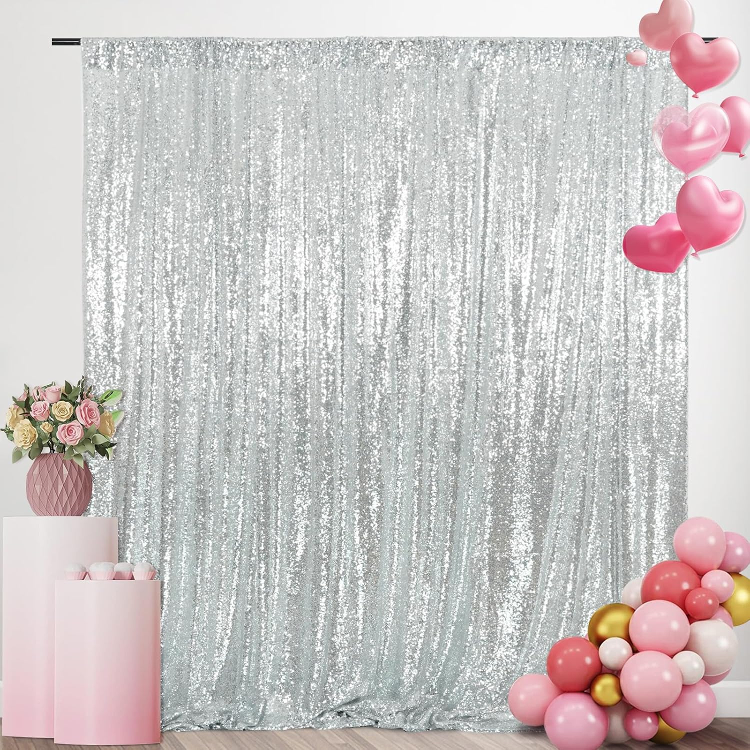 シルバーシークインバックドロップカーテン、グリッターバックド - Sequin Fabric Panel のレビューと価格